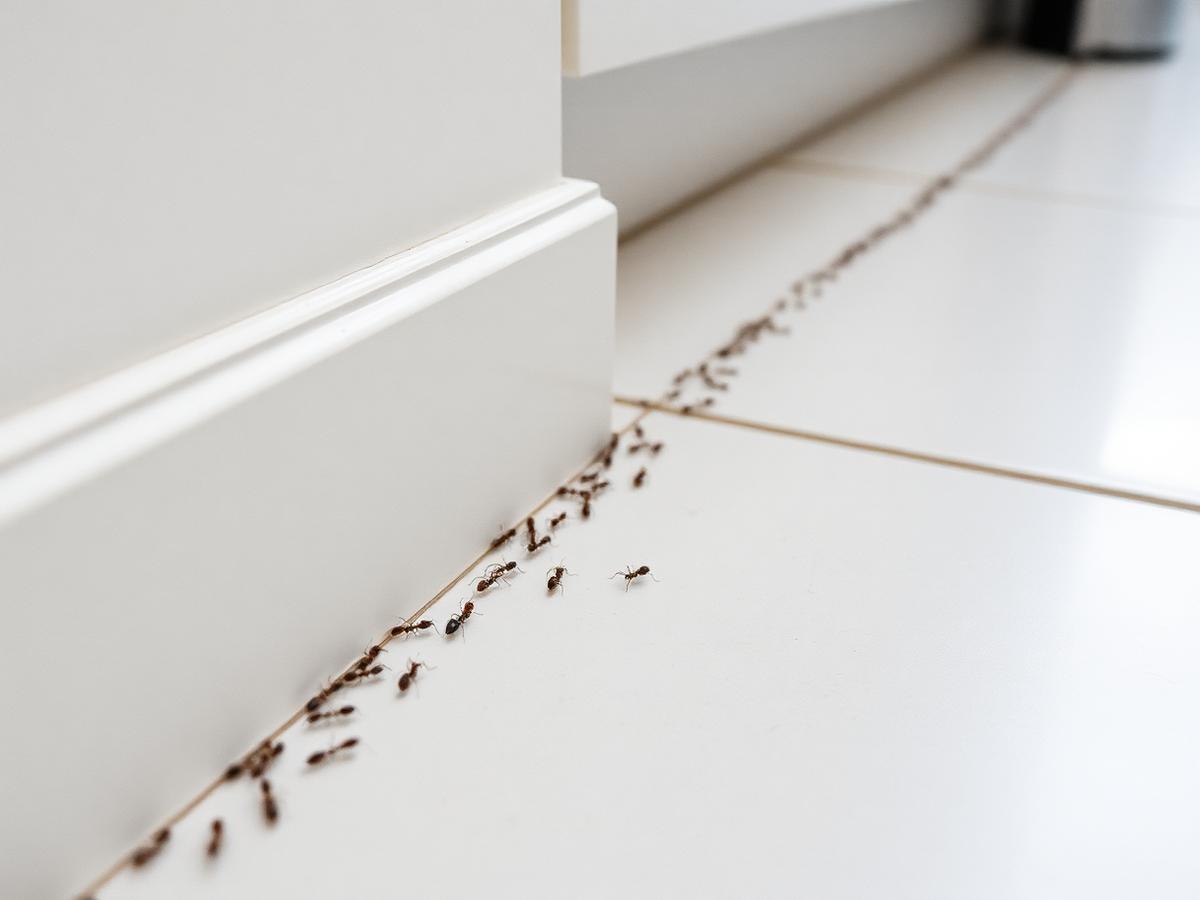 Ant trail along an interior wall and floor