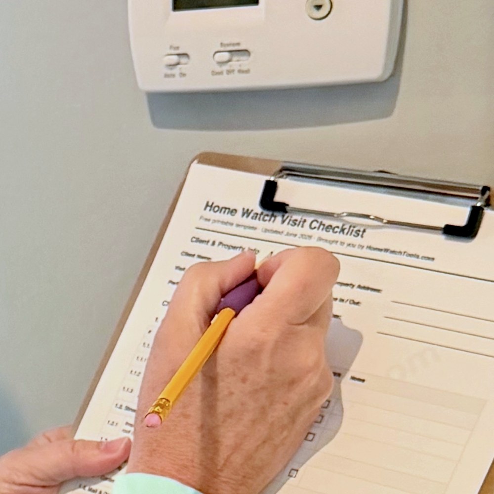 Hand noting a Home Watch visit checklist beside an interior thermostat