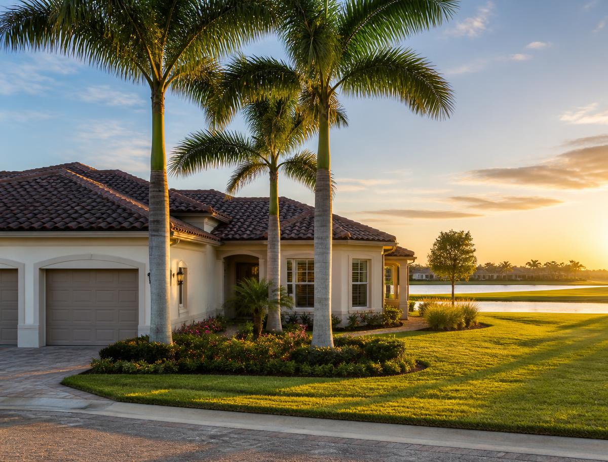 Home overlooking a manicured golf fairway and lake at The National Golf & Country Club in Ave Maria, Florida