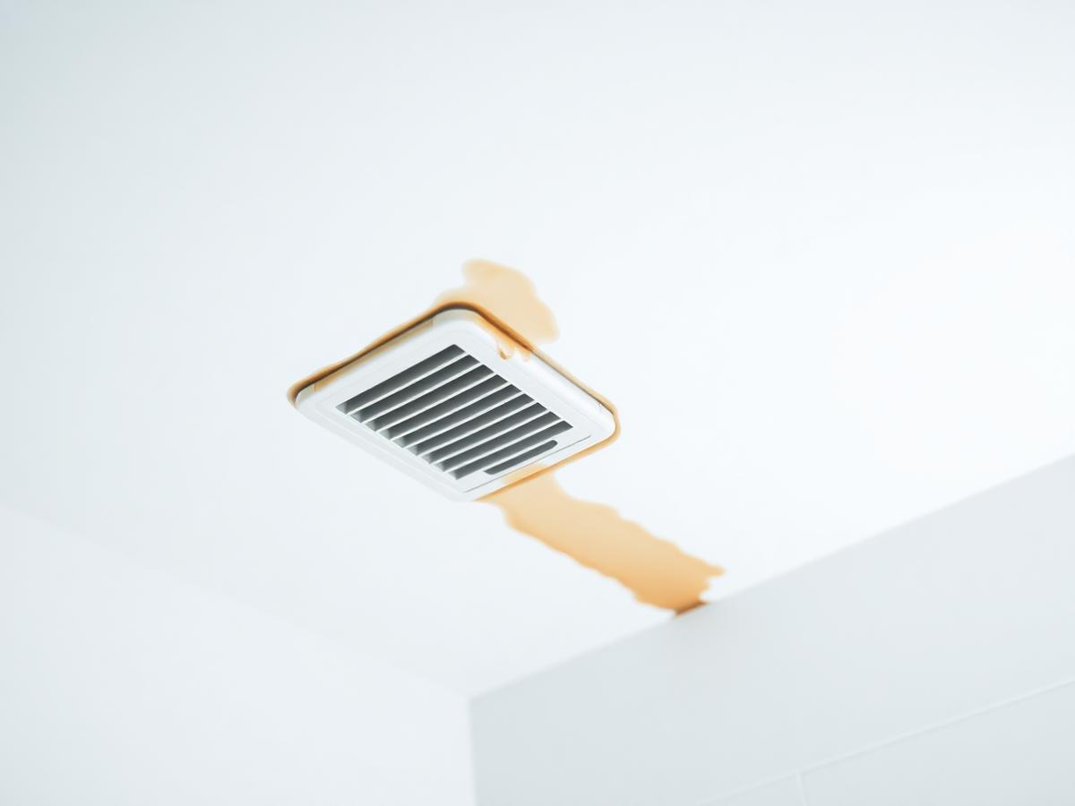 Light brown water discoloration ring on a white interior ceiling near crown molding
