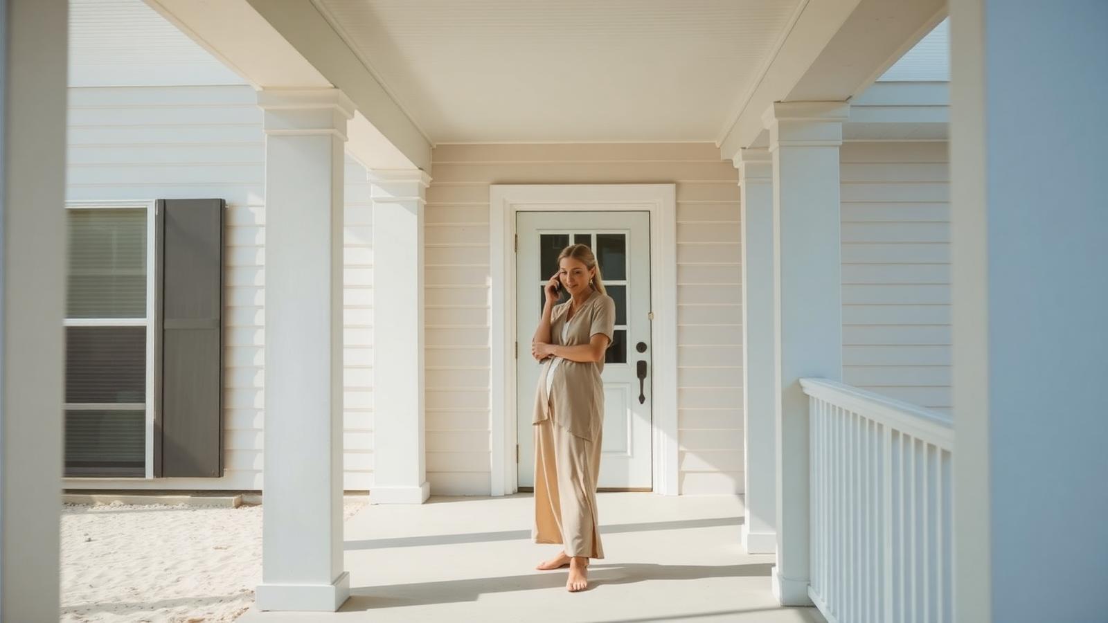 A Certified Home Watch Reporter making notes on a phone while standing on the shaded porch of a Florida home