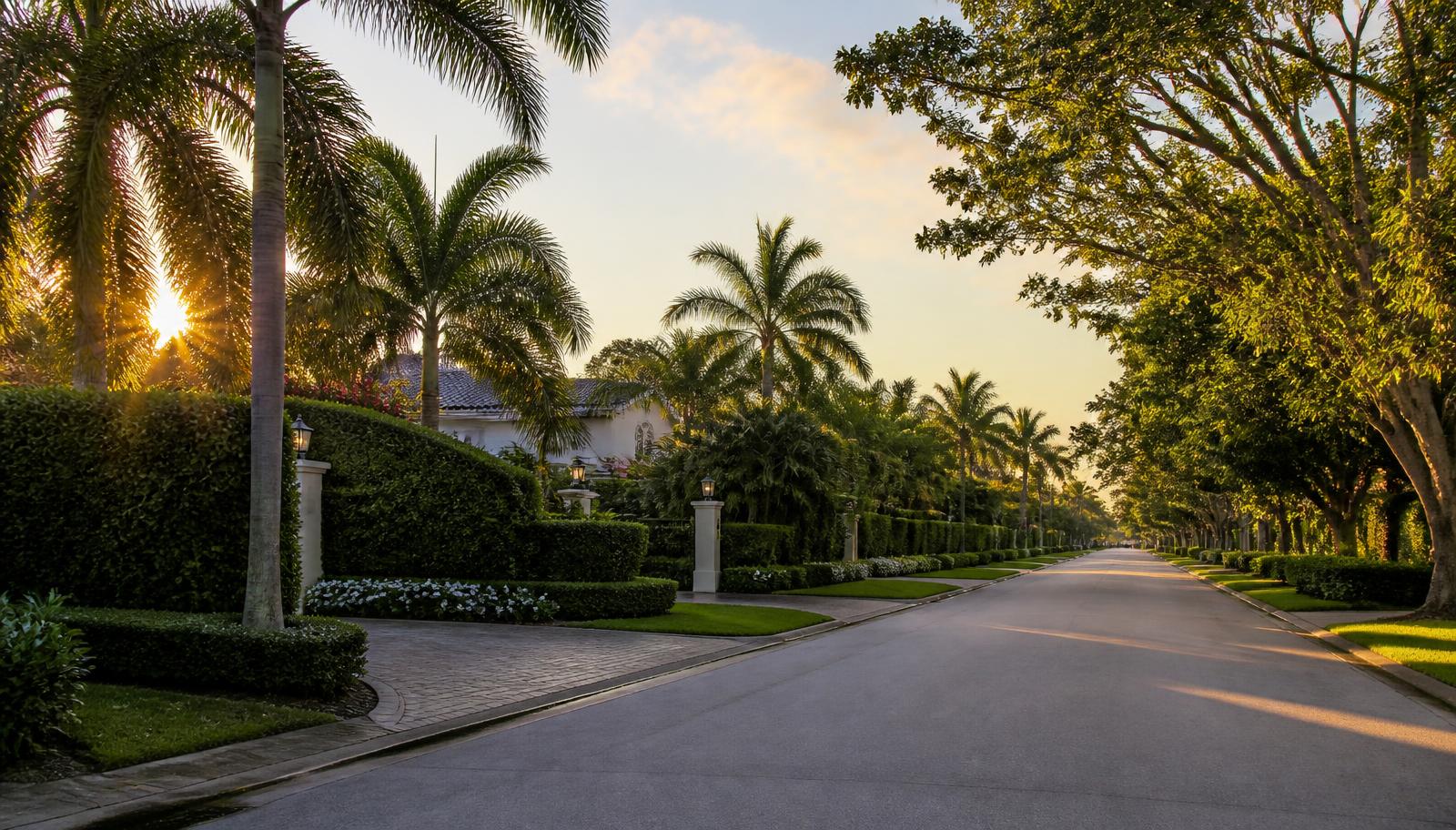 Quiet palm-lined Ave Maria, Florida residential street in warm evening light